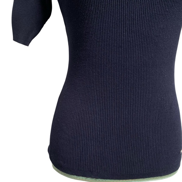 Tahari Navy Ribbed Square Neck Elbow Sleeve Sweater Button Detail Size Small - Picture 2 of 11